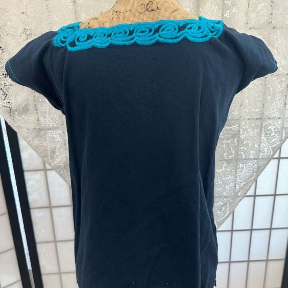 Women’s Huipil Mexican Embroidered Blouse Short Sleeve Top Blue Floral Size S - Picture 5 of 12